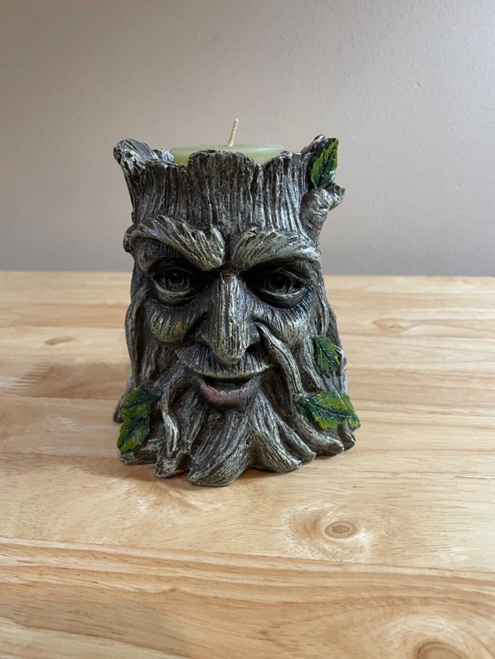 Tree Spirit Candle Holder Green Man Resin 5" Woodland Cottagecore Decor Candle